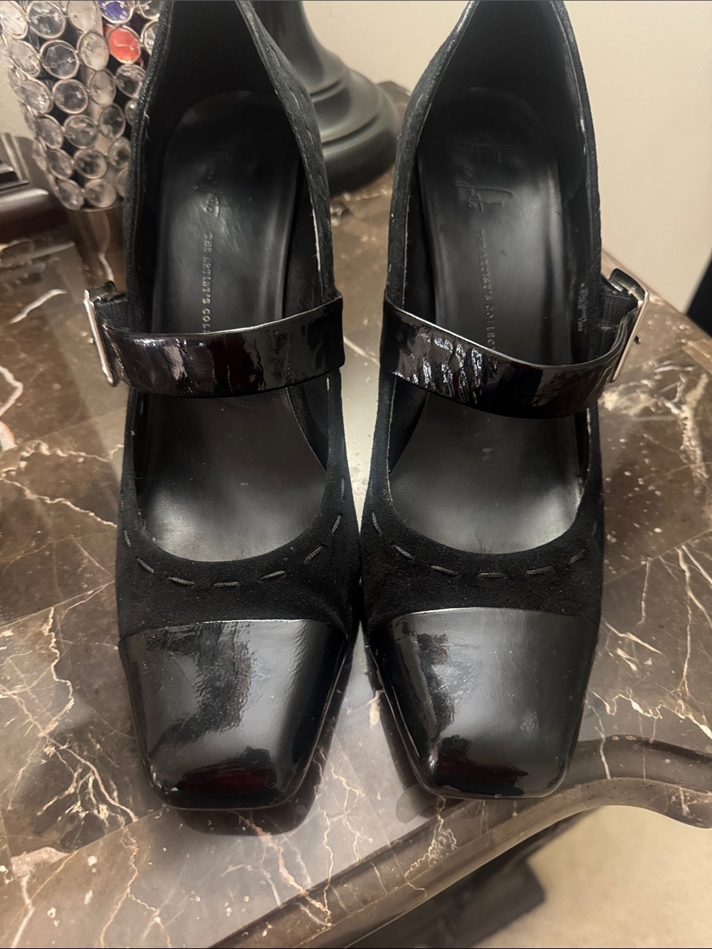 Franco Sarto Black Patent & Suede Mary Jane Block Heels